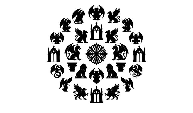 Black Gothic Gargoyle Icons Collection with Dragons Griffins Angels and Cathedral Elements