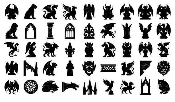 Gothic Gargoyle and Cathedral Statue Silhouette Set with Fantasy Architectural Icons