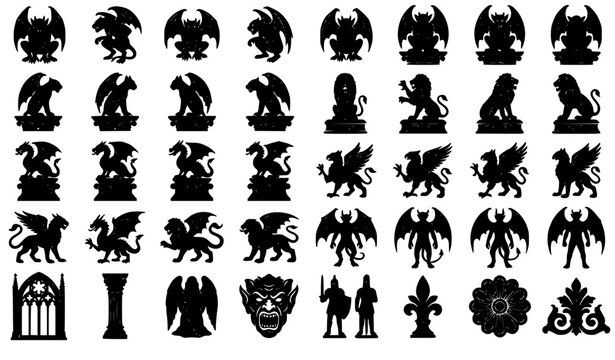 Gargoyles and Gothic Statue Silhouettes Vector Set with Fantasy Creatures and Cathedral Icons