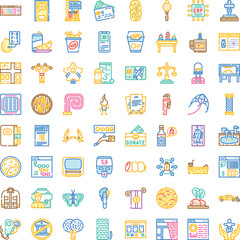 Fototapeta premium Large collection of diverse vector icons covering various themes including business, technology, communication, food, medicine, and everyday objects, presented in a clean outline style