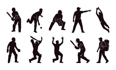 Obraz premium Cricket Player Silhouette Collection — Ten Black Batting, Bowling and Fielding Poses Vector Set for Sport, Competition, and Athletic Design Projects