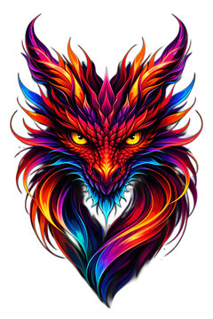 Desain ilustrasi vektor tato kesukuan berbentuk ornamen pola burung phoenix dengan elemen simbol red heart in fire berwarna merah dan oranye