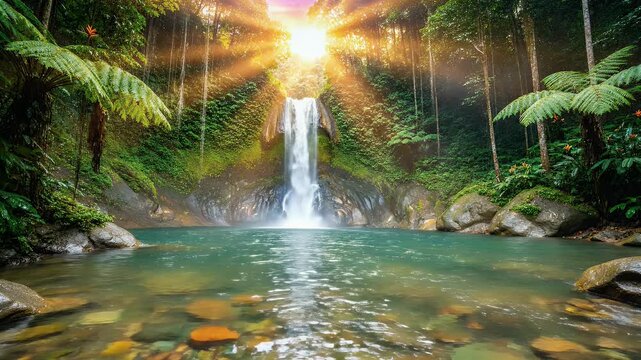 Lush tropical waterfall cascades into a serene pool with sunbeams filtering through trees