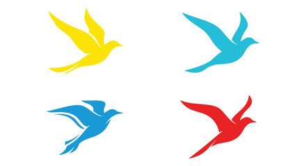 Obraz premium Minimalist bird silhouettes in flight are presented in vibrant colors including yellow, cyan, blue, and red on white.