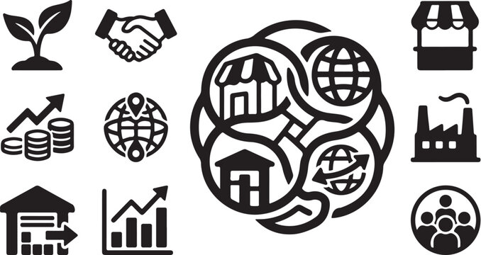 Business and finance icons in a circular pattern