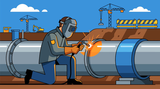 Skilled Welder Working on Metal Pipeline Construction
