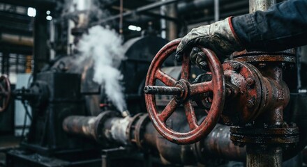 Fototapeta premium Worker adjusting valve as AI assistant in industrial setting