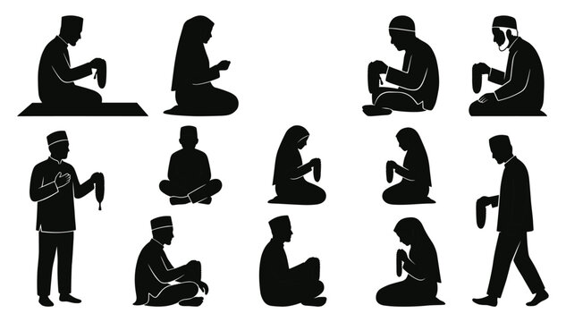 Muslim Prayer Silhouette Collection &mdash; Ten Black Islamic People Praying Poses Vector Set for Ramadan, Religion, and Spiritual Design Projects