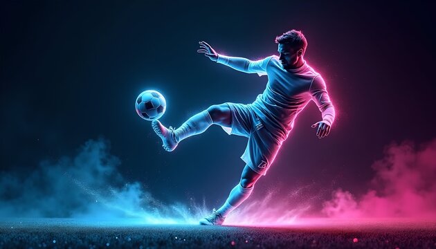Soccer player kicking a ball neon lit dynamic sports photography athlete association football competition exercise fitness footwork game goal grass illumination kick lighting match