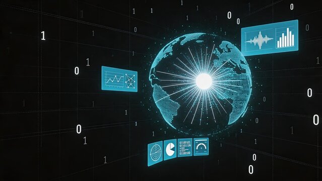 Digital earth globe with binary code and data network connections, global communication, big data analytics, cybersecurity, information technology, worldwide connectivity,
