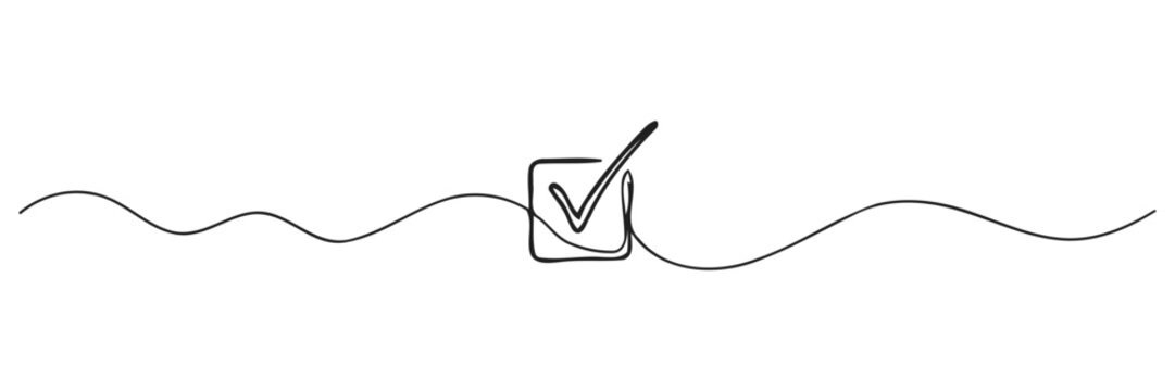 Continuous single line drawing of a checkbox with dashed wavy line hand drawn checkbox minimalist checkmark continuous illustration selection finished completed validation business