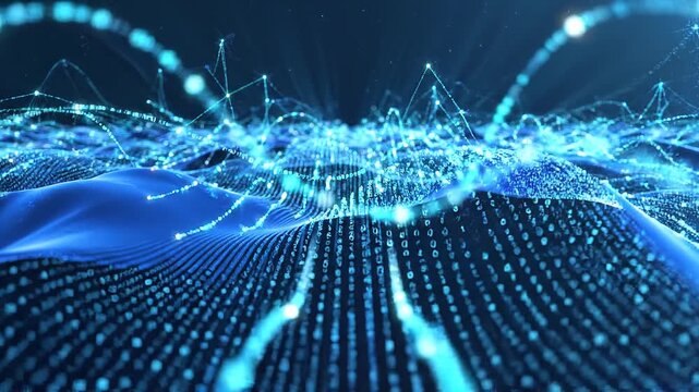 Abstract digital blue data visualization with glowing lines connecting points over a wavy surface representing information flow and network connections