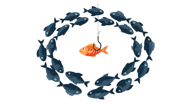 School of dark blue fish swimming in a circular pattern around a single bright orange fish caught on a sharp metal fishing hook.