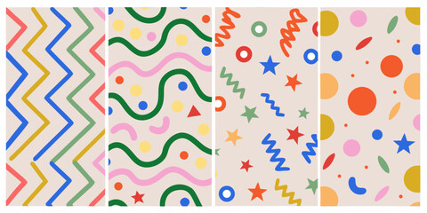 Obraz premium Geometric patterns with wavy lines circles and stars vector illustration