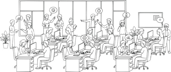 Fototapeta premium Busy office scene with diverse employees working on computers and collaborating in an open workspace line art illustration.