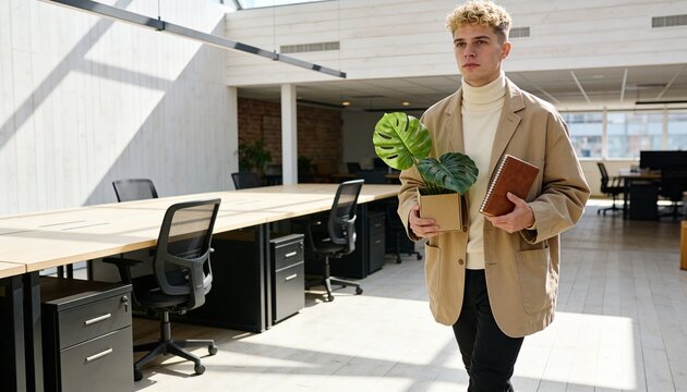 Young man starting first day at work in modern office. New employee carrying plant and notebook to his desk. Career start for recent graduate