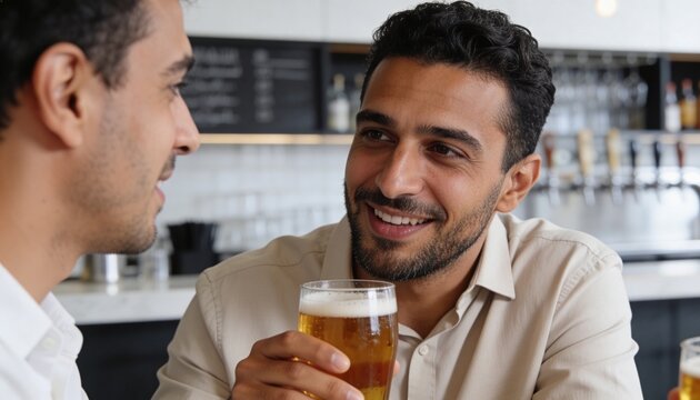 Smiling man holding a beer at a bar with a friend. Two young adult men socializing in a pub. Watch party and leisure concept