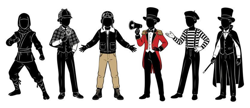 Kids costume silhouettes set standing on white background featuring ninja, detective, aviator pilot, circus ringmaster, mime, and magician for children birthday party playing dress up and theater.