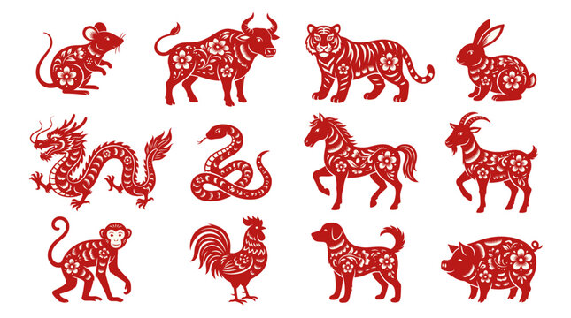Red paper-cut style illustrations of the twelve Chinese zodiac animals arranged in a grid, representing traditional Asian culture and astrology.