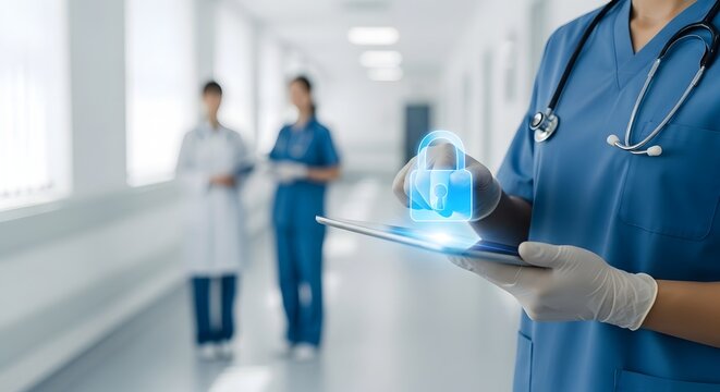 Healthcare data security concept doctor with tablet and lock icon
