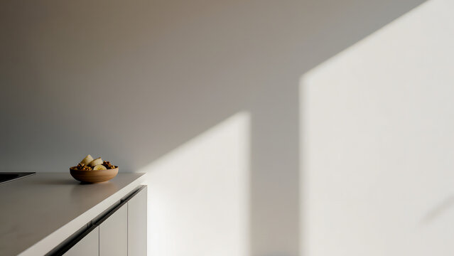 Minimalist kitchen counter with a wooden bowl of sliced bananas and nuts under dramatic sunlight shadows