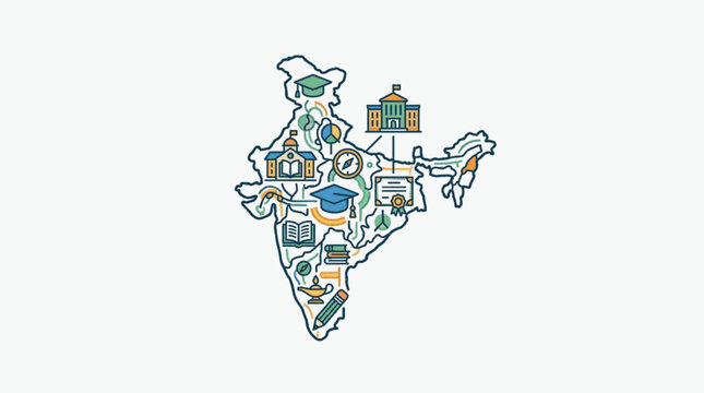India map with education symbols and buildings.