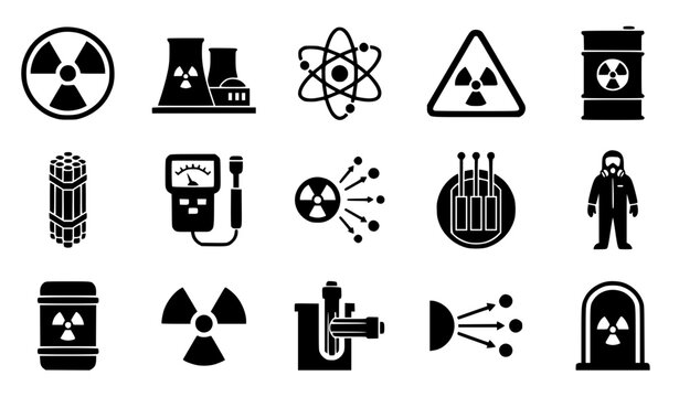A professional icon set representing nuclear energy, atomic science, radioactive hazards, and biochemical safety concepts. Includes a circular ionizing radiation warning symbol, a nuclear power plant 