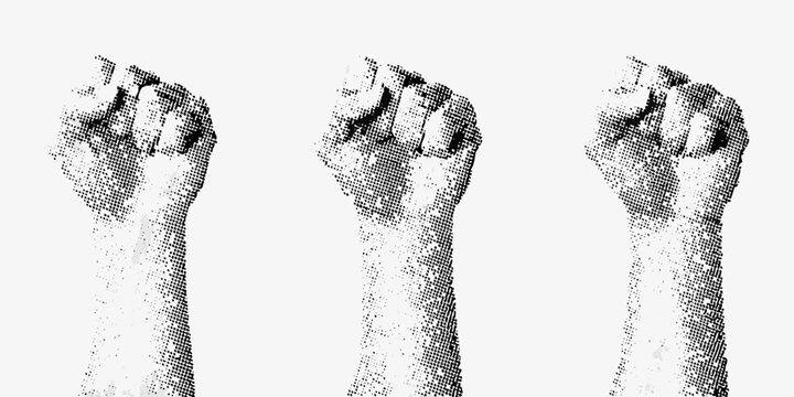 Three Raised Fists Black And White Dot Pattern Silhouette