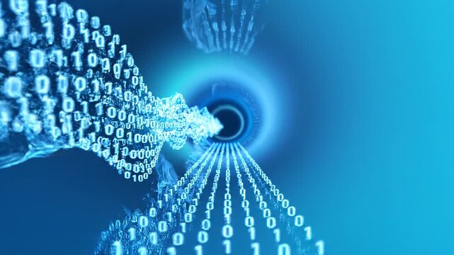 Abstract digital data stream flowing into a bright blue vortex, representing technology and information transfer