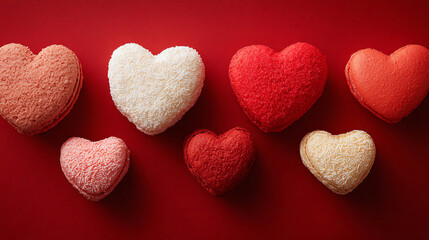 Obraz premium Sweet heart-shaped macaroons on red background. Valentine's Day celebration