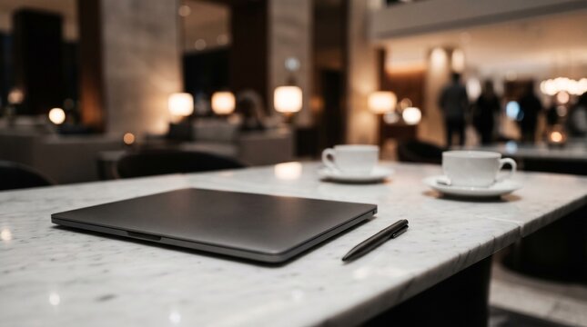 Closed laptop with pen on modern marble desk in cozy cafe or hotel lobby.