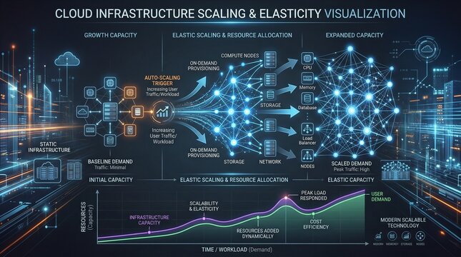 Cloud infrastructure scaling and elasticity visualization showing resource allocation, compute nodes, load balancing, and growth capacity growth chart.