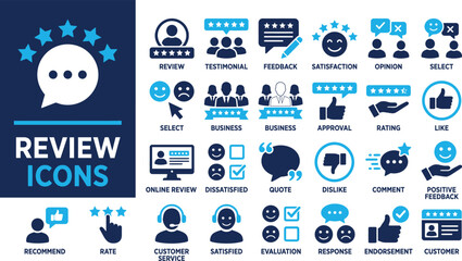 Obraz premium Review icon set. Containing feedback, rating, testimonial, satisfaction, comment, opinion, like, customer, recommend and more. Solid vector icons collection.