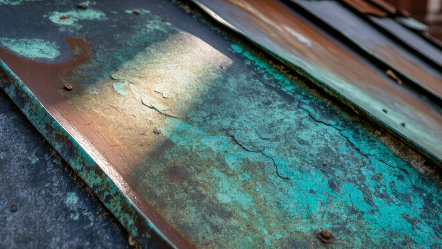 Oxidized Copper Roof Panel Texture Macro, Verdigris Green Blue Patina Industrial Surface
