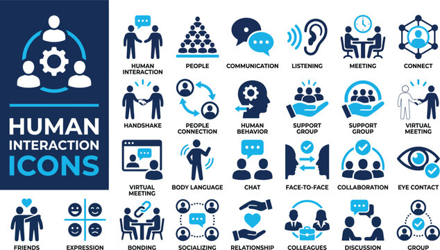Human interaction icon set. Communication, people, connection, friends, chat, bonding, socializing, group, relationship and more. Solid vector icons collection.