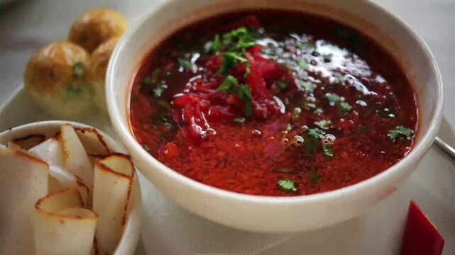 Authentic borsch soup with lard garlic buns and sour cream served on platter.