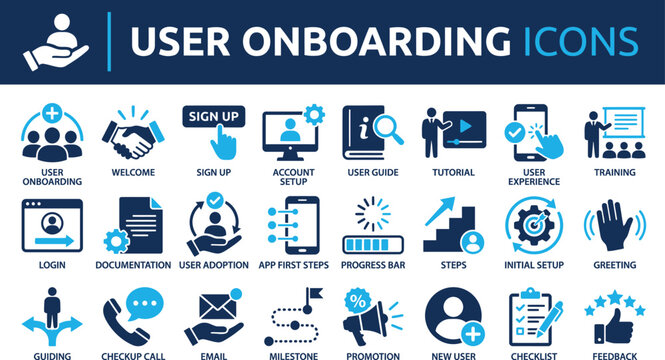 User onboarding solid vector icon collection, welcome, sign up, user guide, tutorial, UX, login and more.