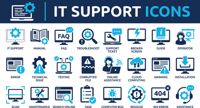 Collection of IT support and troubleshooting icons, including error alerts, maintenance, online assistance, installation, cloud computing, FAQ and more.
