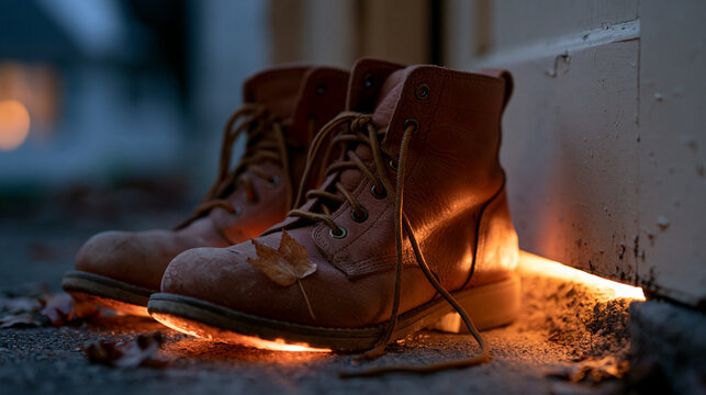 Zwei abgenutzte braune Lederstiefel stehen auf einem rauen Betonboden in warmem Gegenlicht.