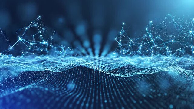 Abstract digital network connections and flowing data streams in a glowing blue futuristic landscape