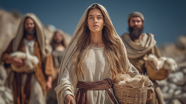 Abigail going to meet David with generous gifts, biblical scene of wisdom, humility, and peacemaking, calm yet meaningful atmosphere