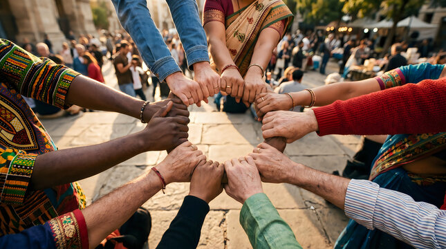 Hands forming circle unity teamwork collaboration diverse group support togetherness outdoor gathering