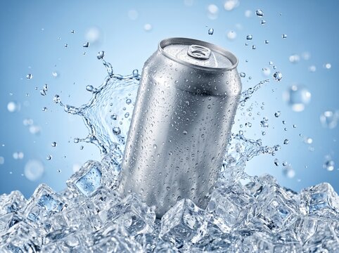 Aluminum Beverage Can Splashing in Crystal Clear Water Refreshing Drink Concept Isolated on Blue Background