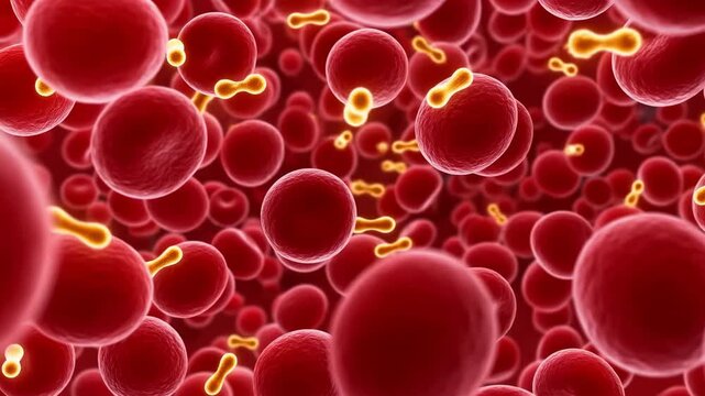 Red blood cells moving through a bloodstream with glowing microorganisms