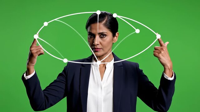 Businesswoman interacting with digital eye interface on green screen corporate technology