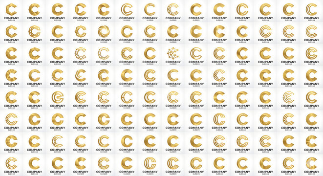 Focused panel from golden C logo mega set, showcasing multiple abstract business monograms with varied cuts, rings and shield forms, offering versatile premium concepts for corporate, finance, consult
