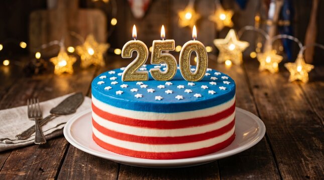 4th July 250 anniversary festive American flag cake with candles under glowing golden stars confetti on wood surface background, cake, patriotic, anniversary, 250, celebration, semiquincentennial