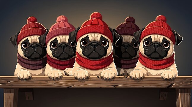 Five Adorable Pugs Wearing Cozy Winter Beanies and Scarves Gathered Together on a Wooden Surface
