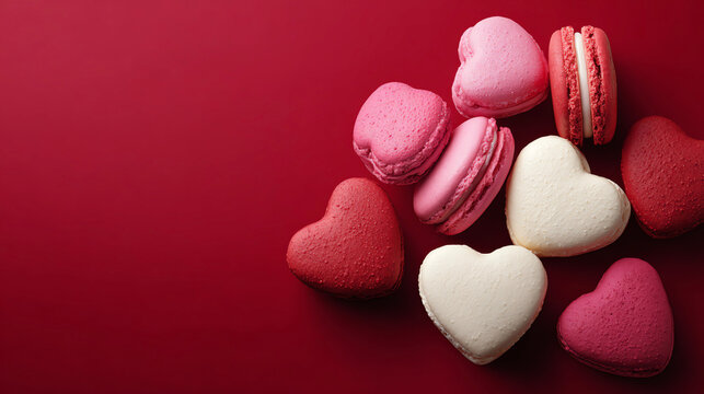 Sweet heart-shaped macaroons on red background. Valentine's Day celebration