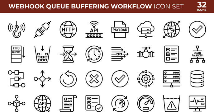Flat webhook queue buffering workflow icon set with data processing, API requests, payload management, server monitoring, and vector graphics